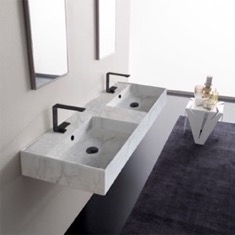 Marble Design Ceramic Wall Mounted or Vessel Double Sink With Counter Space